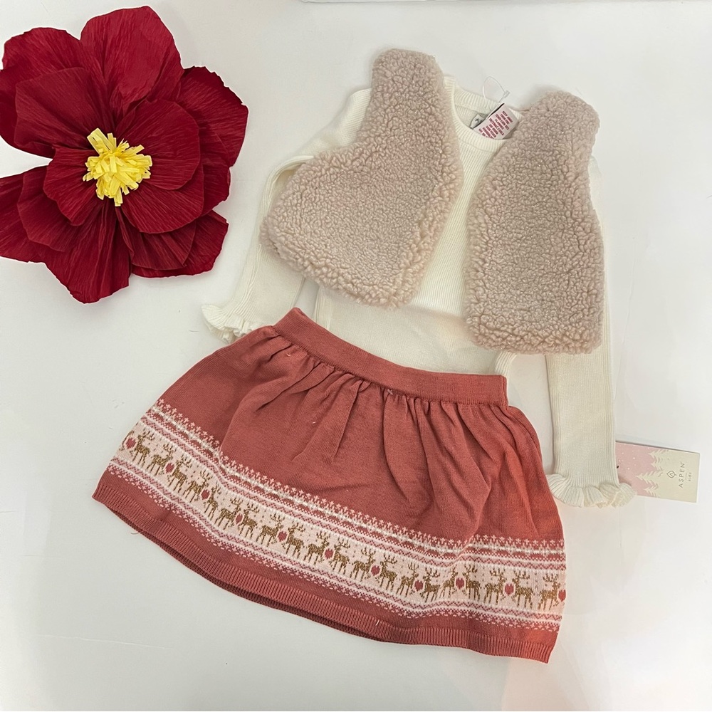 ASPEN Toddler Girls 3pc Sherpa Vest Sweater Skirt Set In Cloud Pink - Reemoly